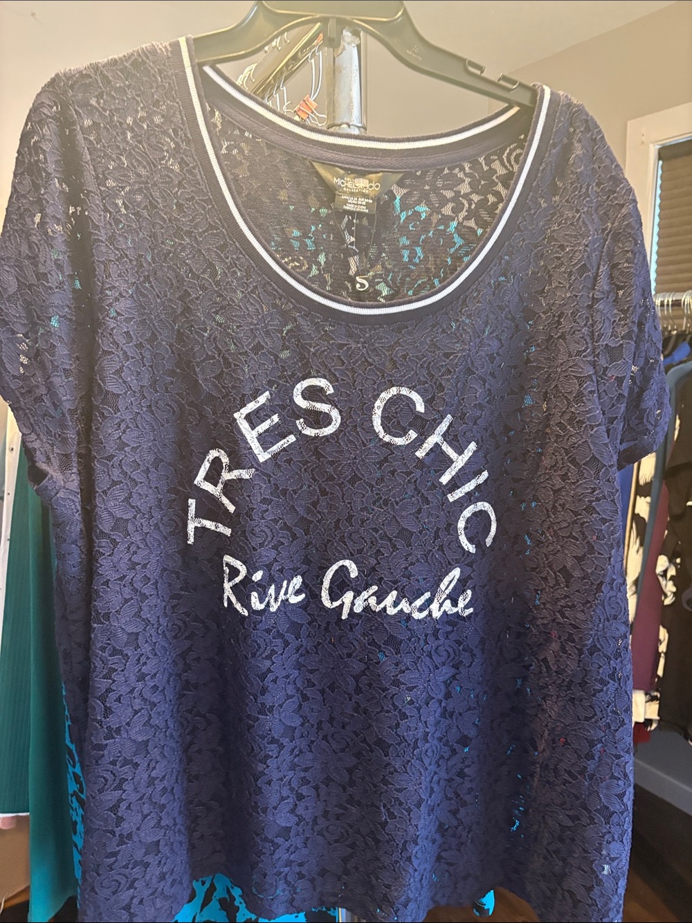 Michel Studio Navy Lace Short Sleeve Tee with Front Script